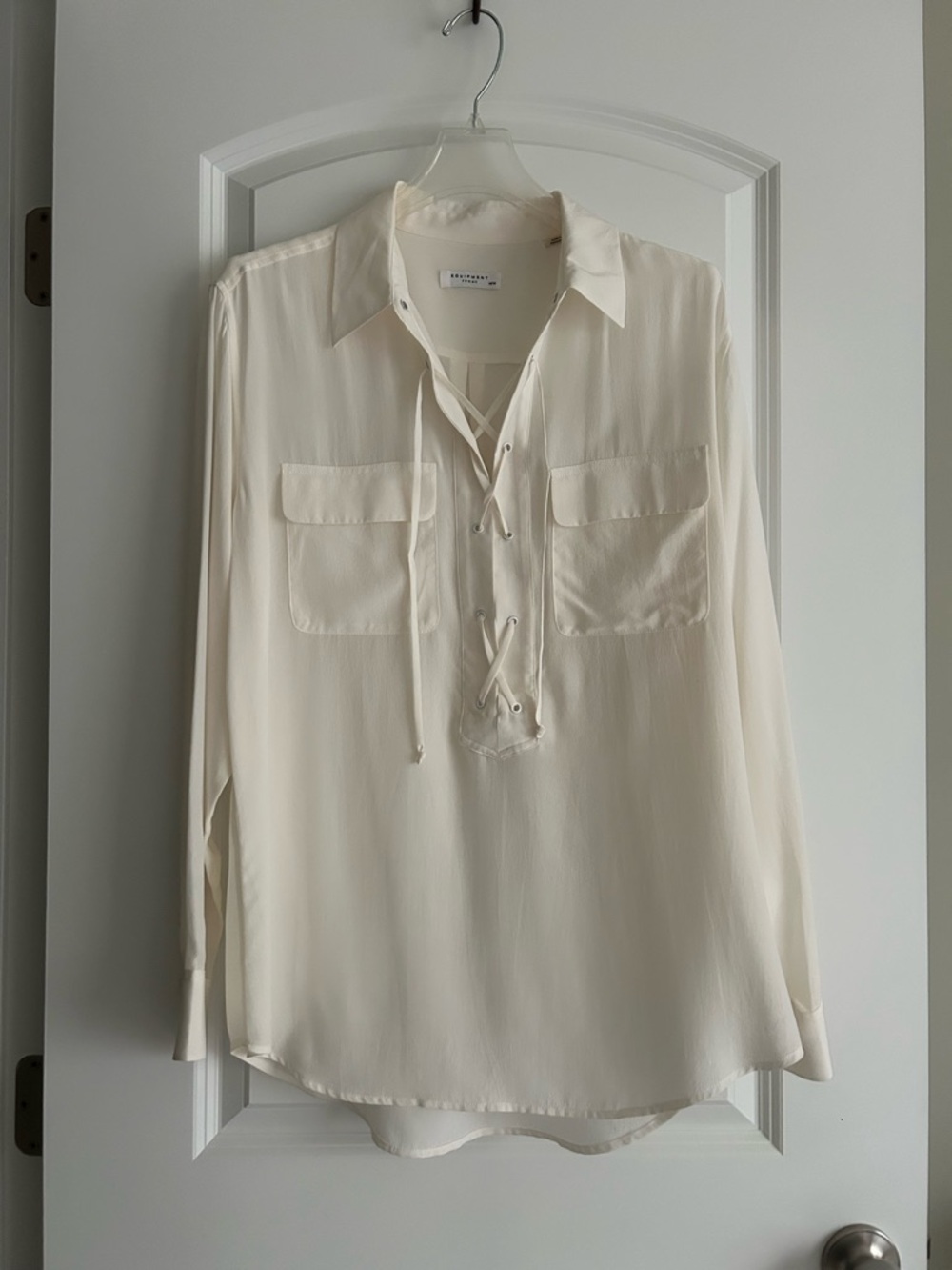Lace-Up Pocket Front Long-Sleeve Shirt - Cream Silk by Equipment size Medium